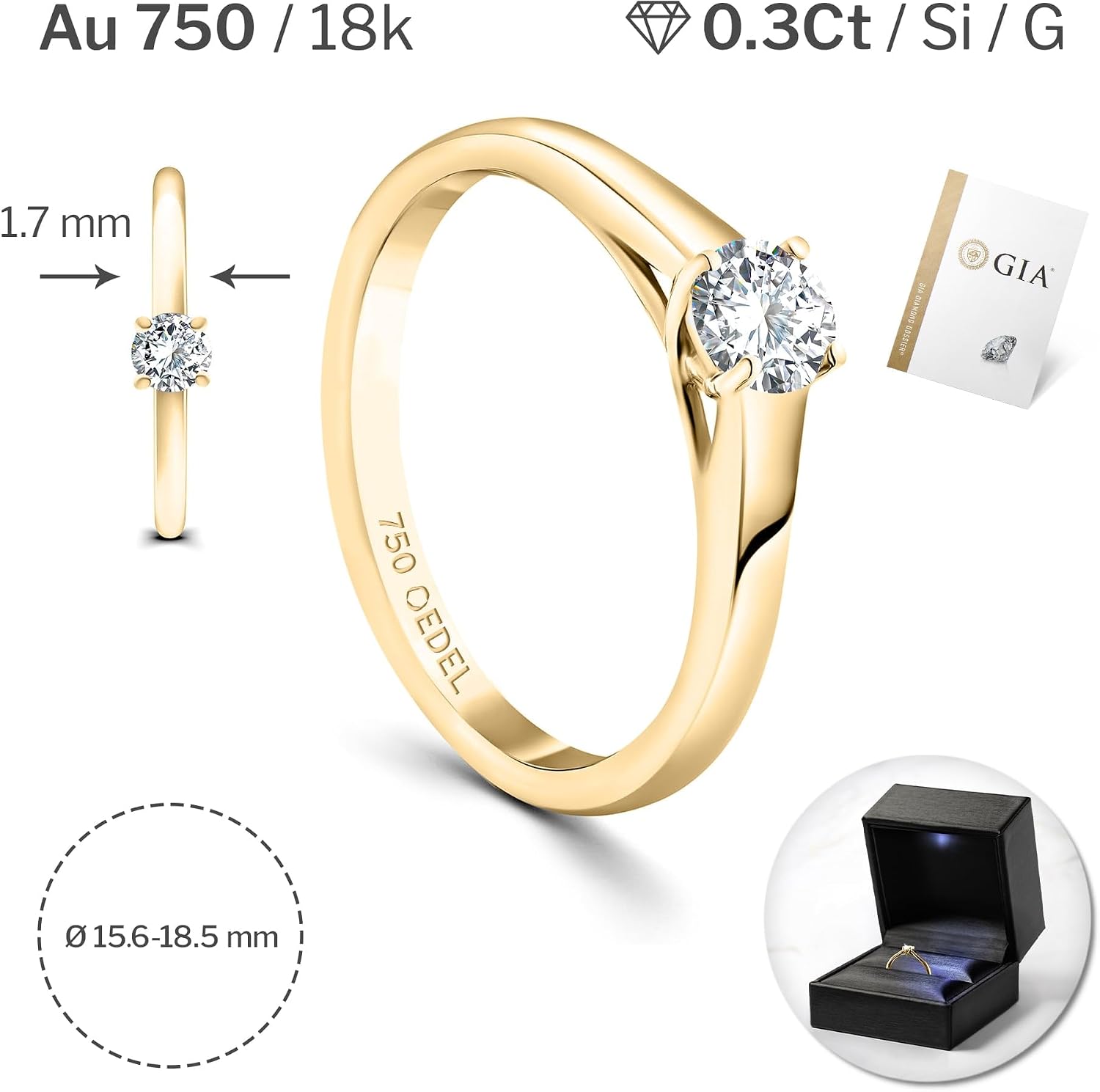 Detalle 2 de EDELIND Anello di fidanzamento in oro 18k con diamante certificato GIA (0.3 ct) – Simbolo d’amore