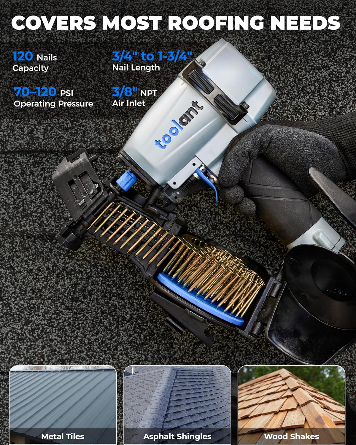 Detalle 2 de toolant TA01105 Pneumatic Roofing Coil Nailer, 15° Nails, 120-Nail Capacity