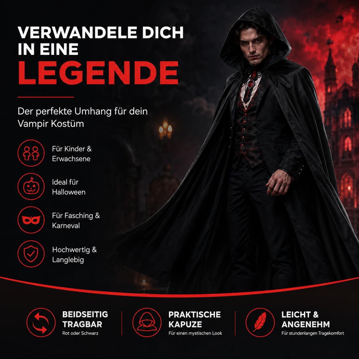 Detalle de FASCHINFEVER ff-003 – peleryna wampira z kapturem na Halloween, rozmiar uniwersalny
