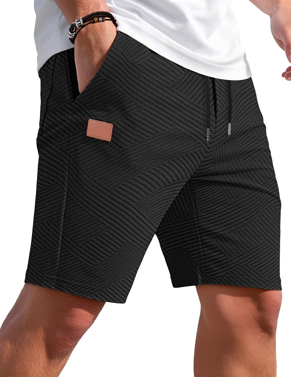 Detalle de TARAINYA Textur Kurze Hosen Herren – Baumwolle Shorts mit elastischer Taille, Kordelzug & Taschen