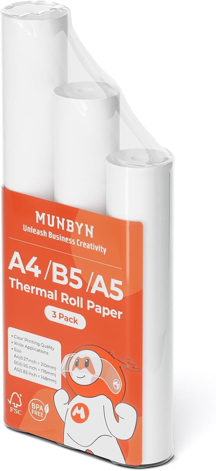 Detalle de MUNBYN Thermopapier A4 für ITP01/ITP04 – 2 Rollen Thermodruckerpapier (210 x 297 mm), weiß