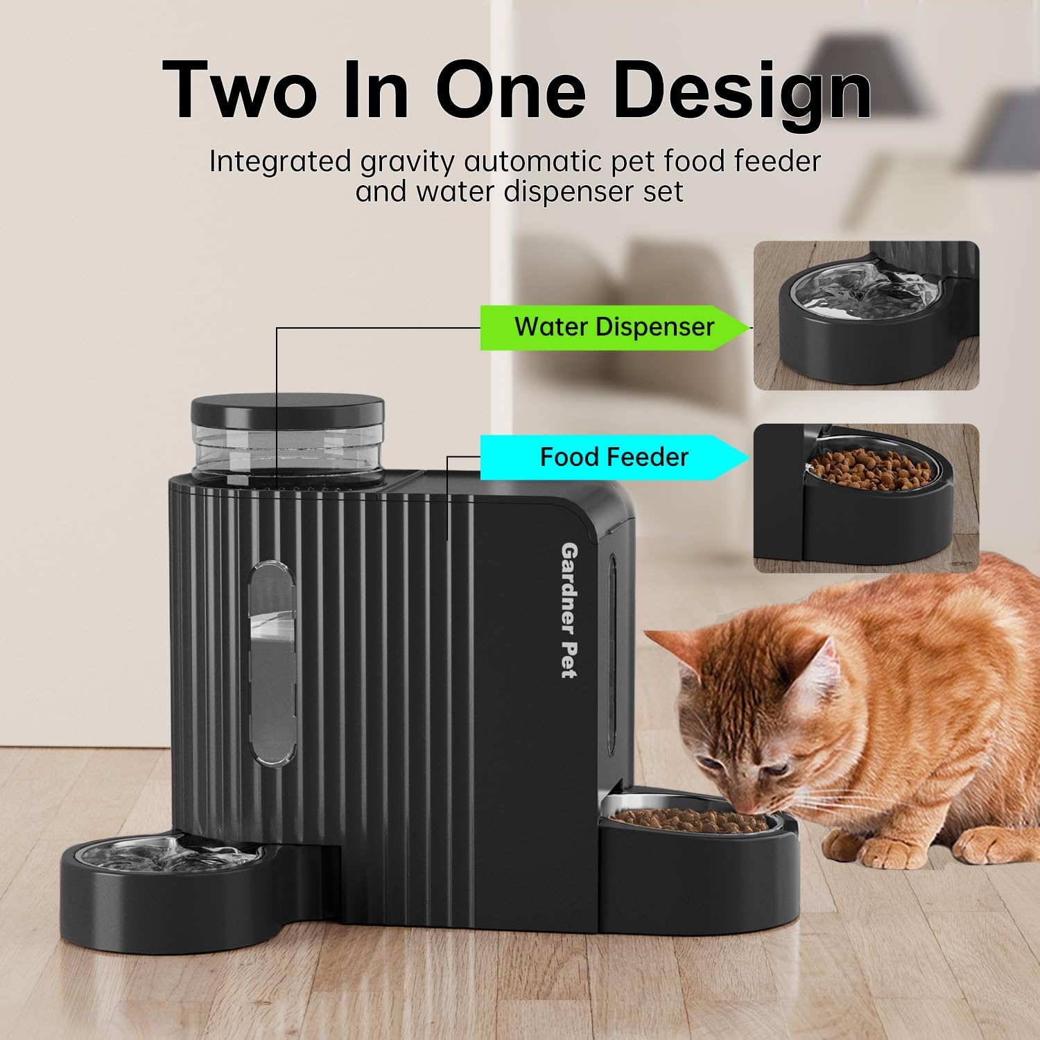 Thumbnail 1 de Gardner Pet 2 in 1 Gravity Automatic Cat Feeder & Water Dispenser (3L, 304 Stainless Steel Bowls) – No Electricity Required, Black