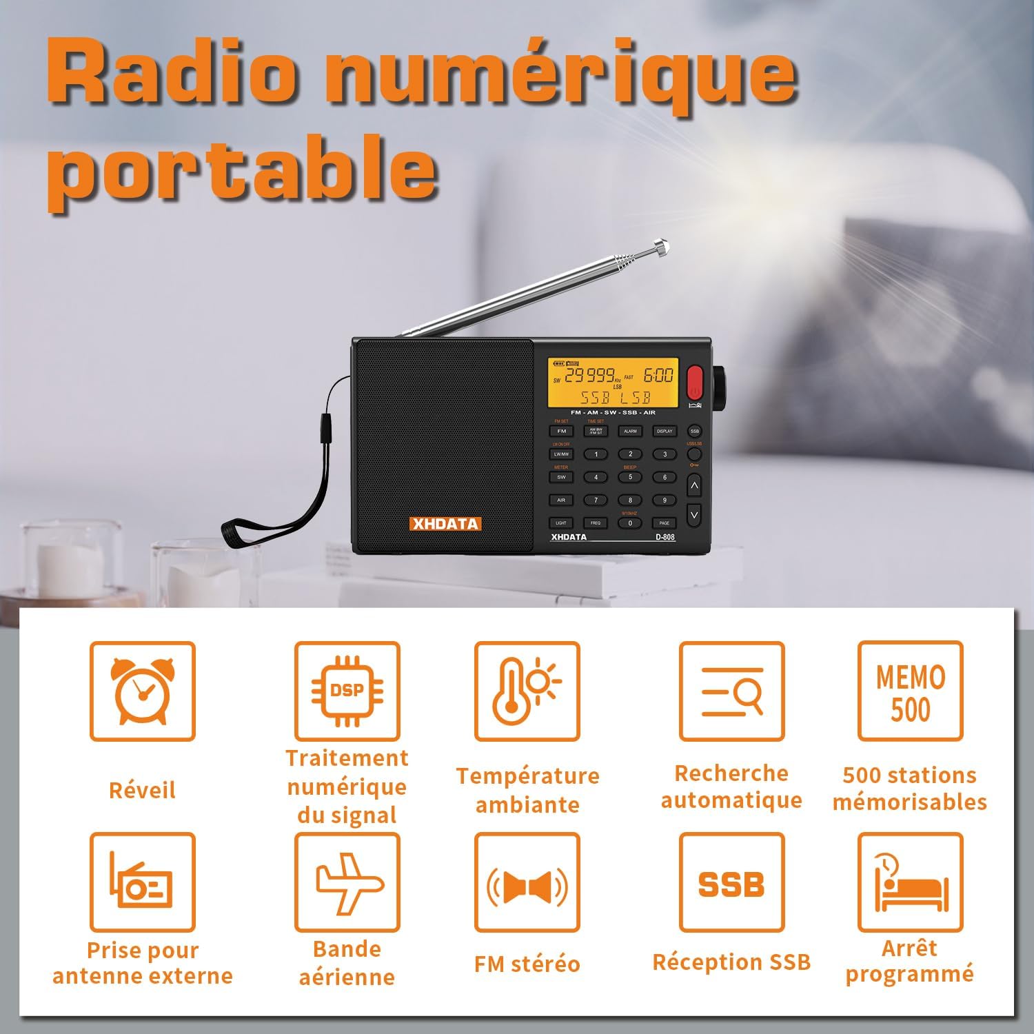 Detalle de XHDATA D-808 Ondes Courtes : Radio portable complète avec SSB, RDS et batterie rechargeable