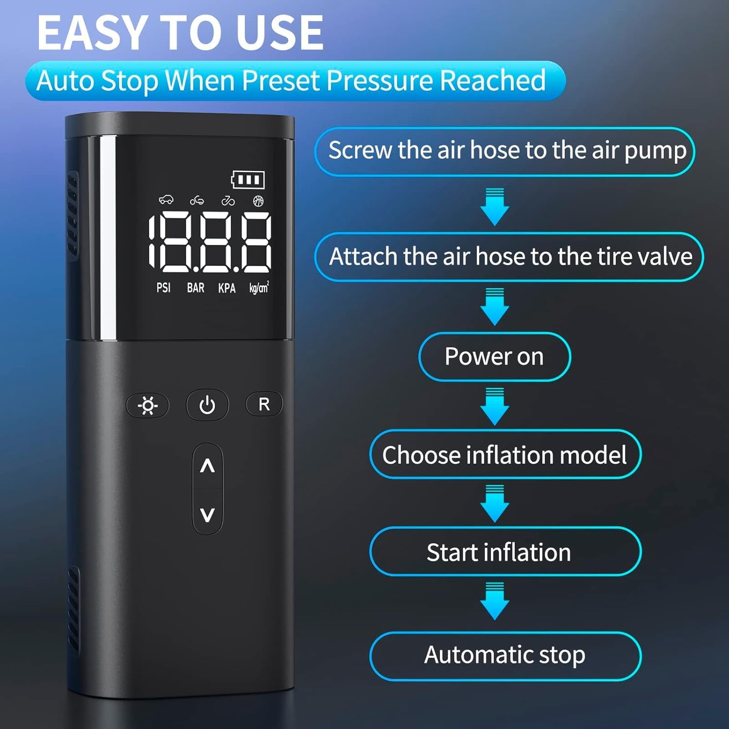 Thumbnail 4 de Cordless Portable Air Compressor with Digital Gauge and LED Light