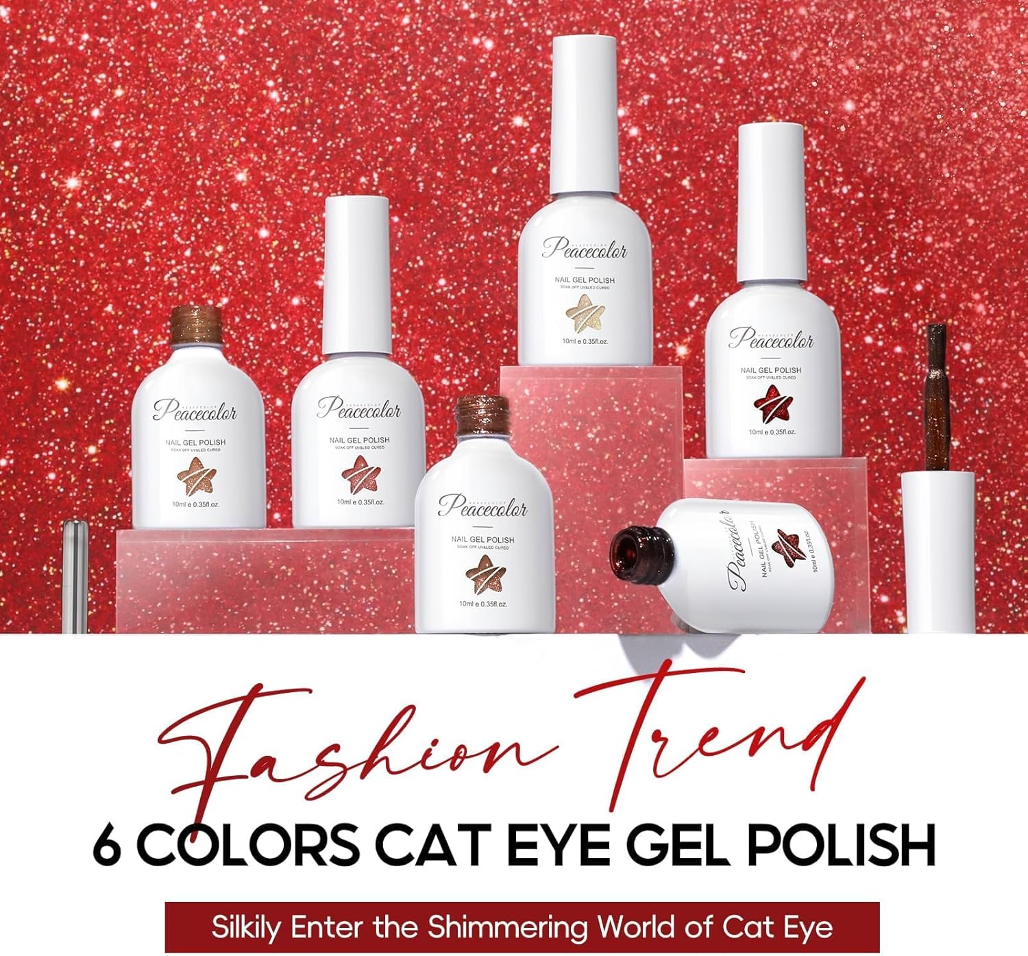Thumbnail 5 de PEACECOLOR Vernis semi permanent Cat Eye marron/rouge en kit de manucure DIY (6 couleurs) – avec aimant