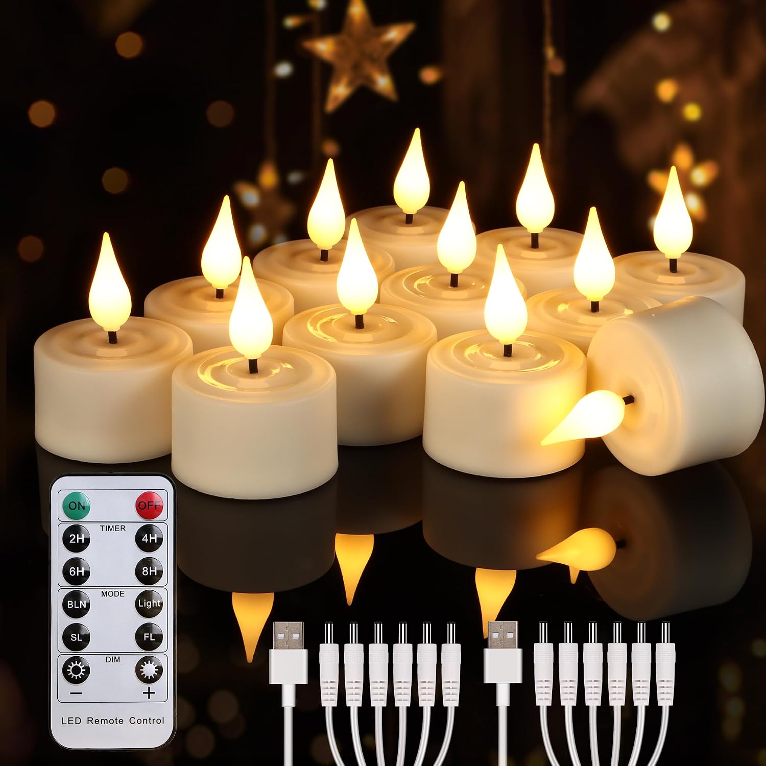 Detalle de Cibnew wiederaufladbare LED-Teelichter mit Timer & Fernbedienung (12 Stück, Beige)