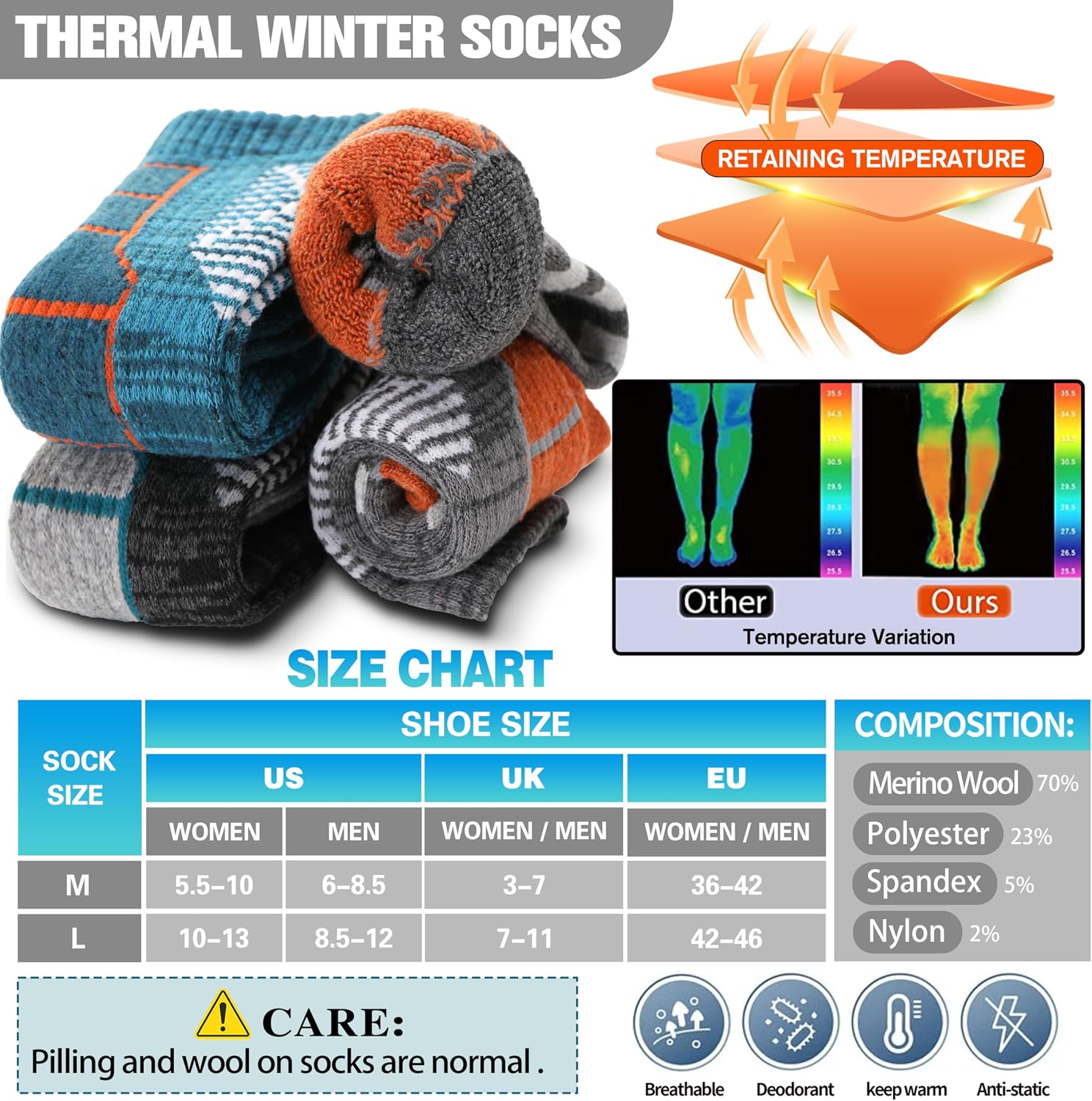Detalle de Anlisim Merino Wool Ski Socks, 3 Pairs, Knee-High with Cushioning
