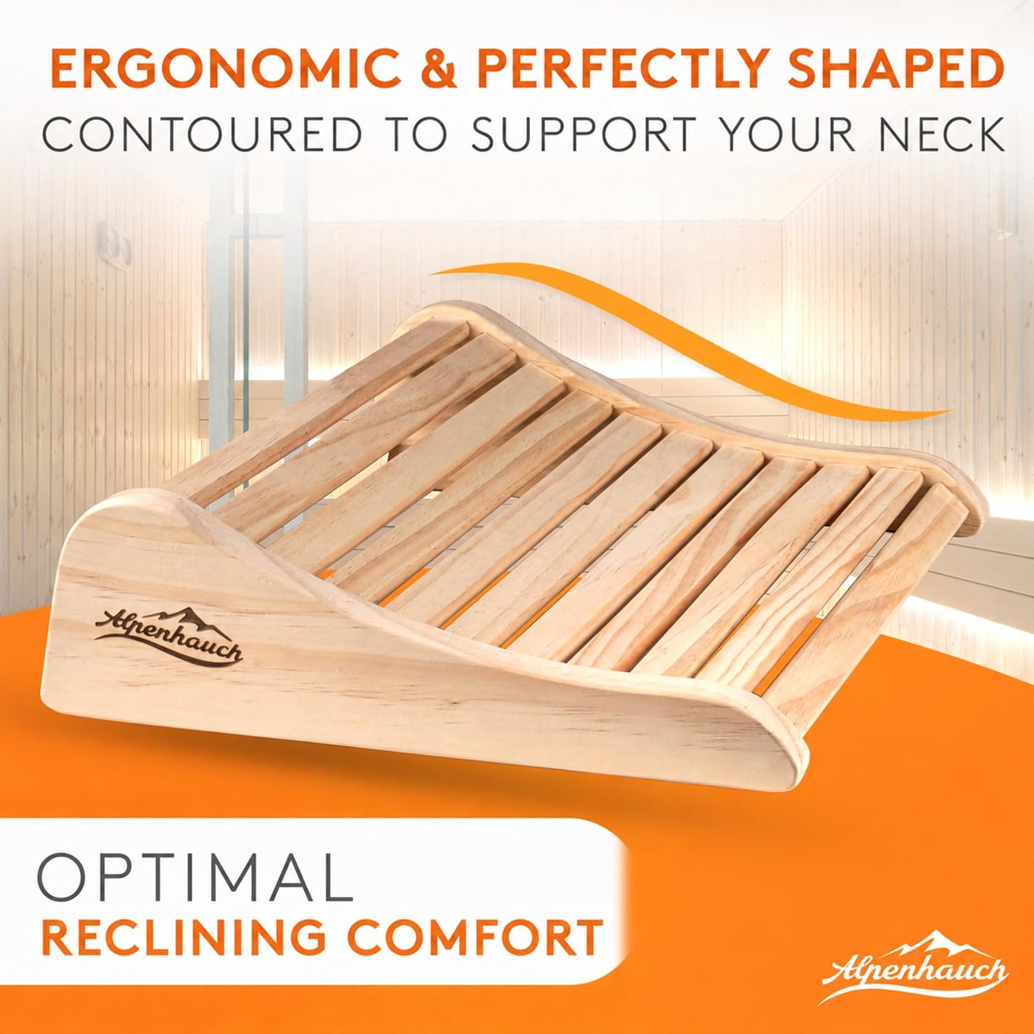 Detalle de ALPENHAUCH ALP-KO1000 Wooden Sauna Headrest, Ergonomic, 100% Natural Wood