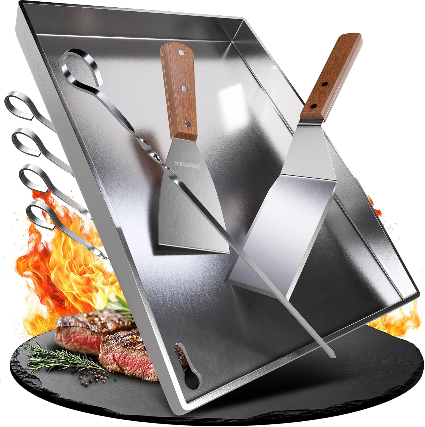 Detalle de WILDGÅRD Grillplatte Plancha 40 x 30 cm aus rostfreiem Edelstahl – inkl. 2 Grillspachtel & 5 Spieße