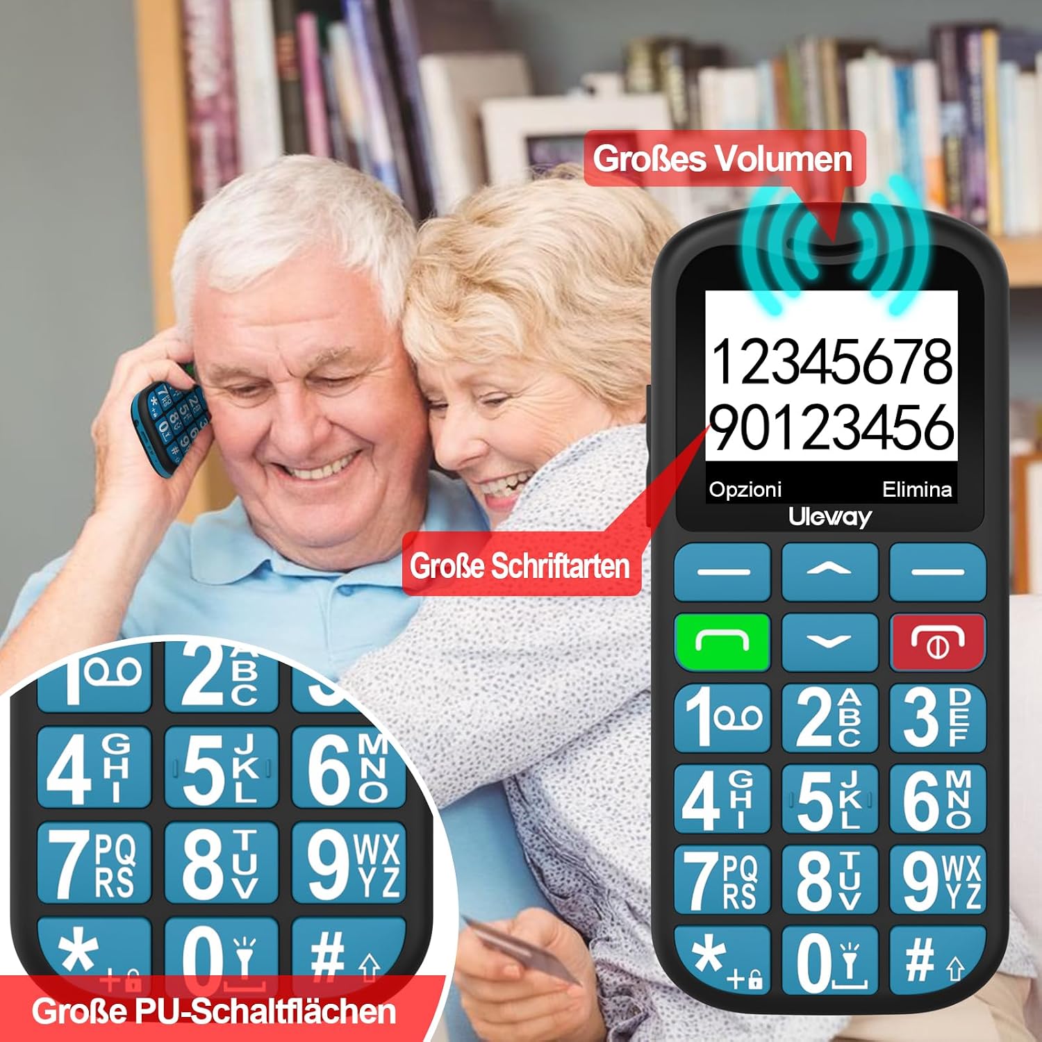 Detalle de uleway Seniorenhandy mit großen Tasten, 4G ohne Vertrag und SOS-Notruftaste (Nano-SIM, 1,77-Zoll-Display), Blau
