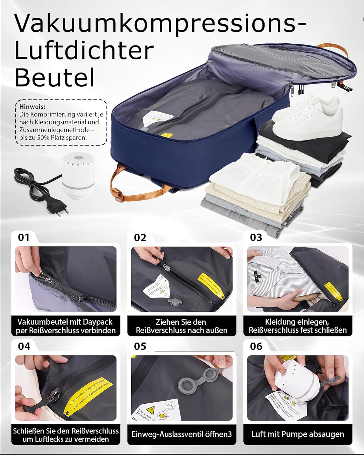 Detalle de COOLIFE Vakuum Rucksack Handgepäck 45x36x20 cm – kompakter Begleiter für Flugreisen