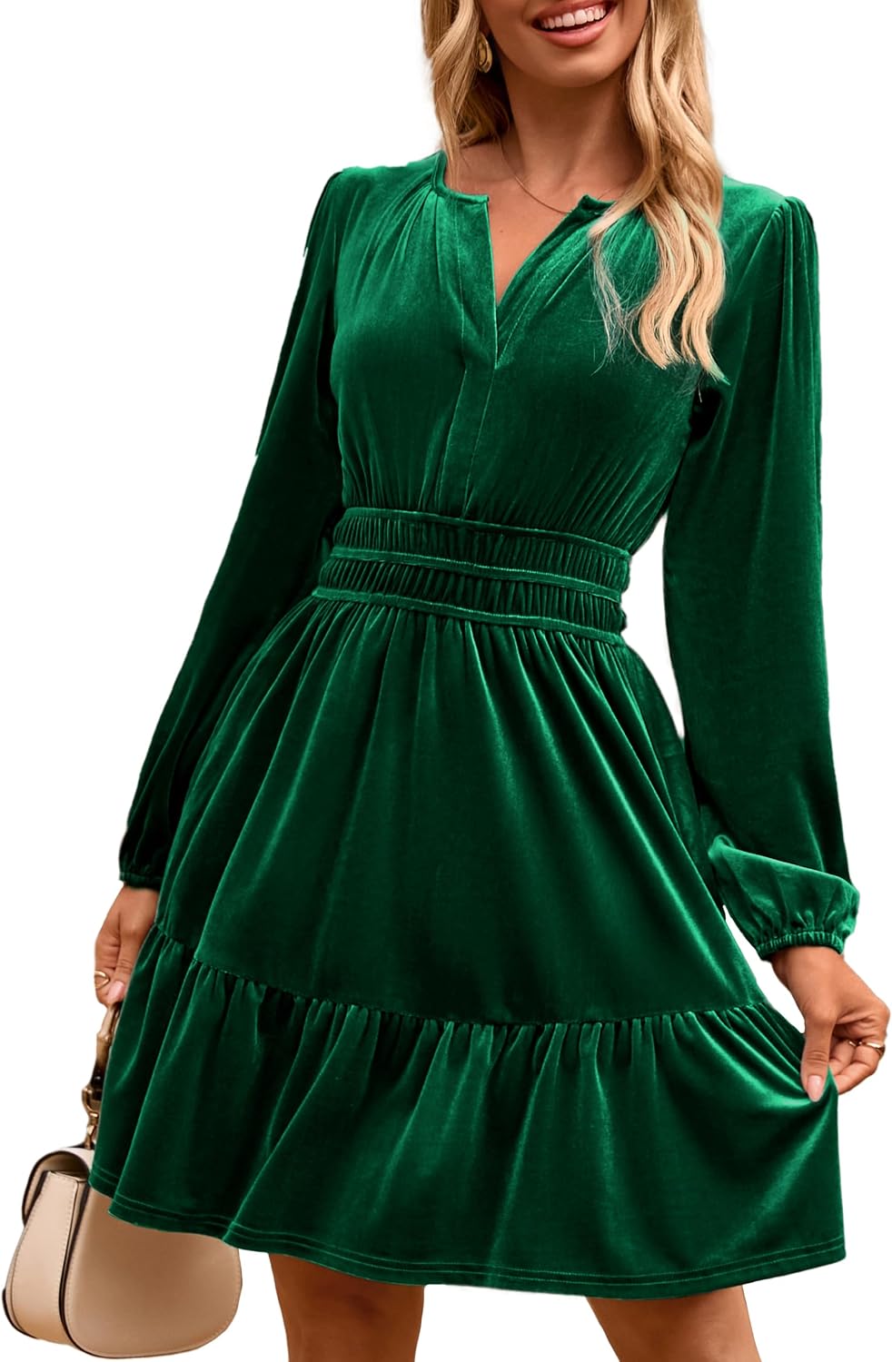 Detalle de Simplee Women's Velvet Mini Dress, Long Sleeve V-Neck with Pockets