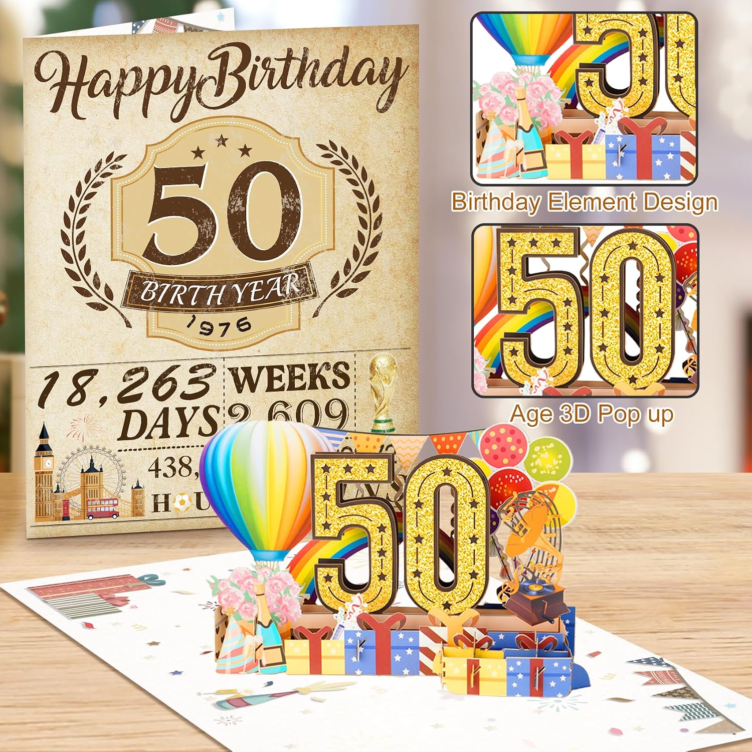 Detalle de 50th Birthday Cards Funny 3D Pop Up with Envelope – Vintage 1976 Poster Style Greeting Card (8x10 inch)