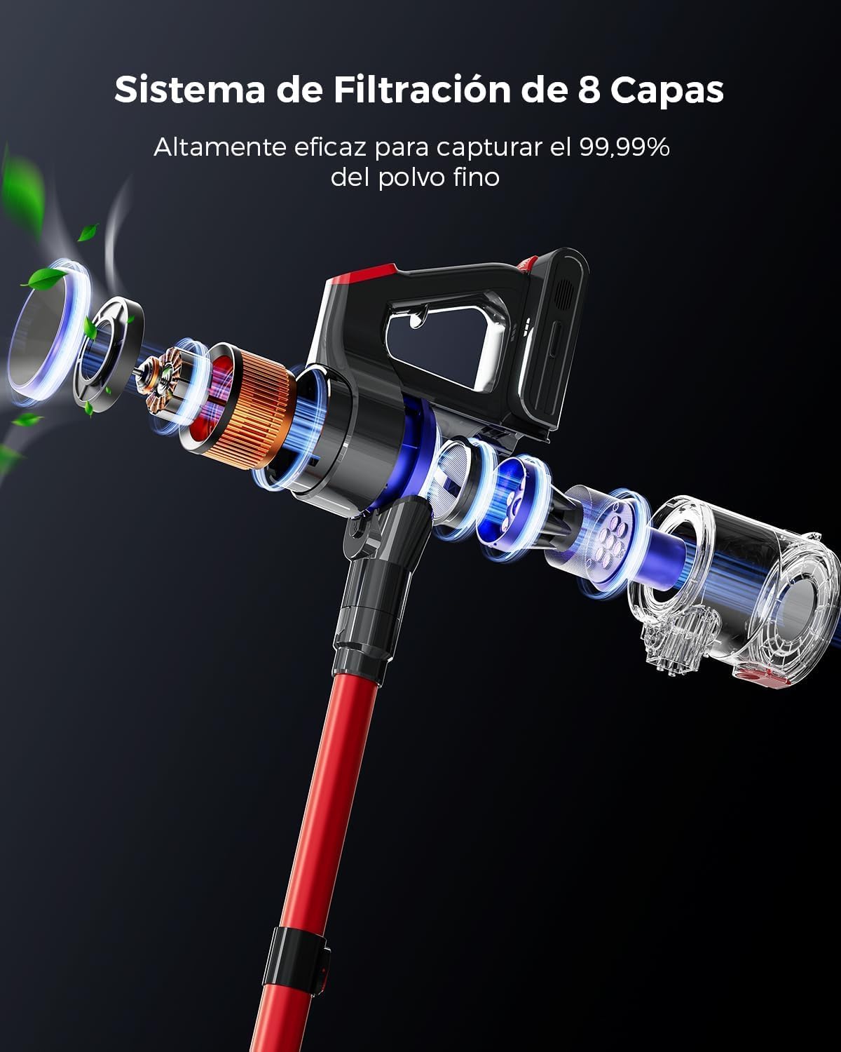 Detalle de VACTechPro 55KPa/600W/70Min. Aspiradora sin cable: potencia estable, filtración de 8 capas y manejo suave