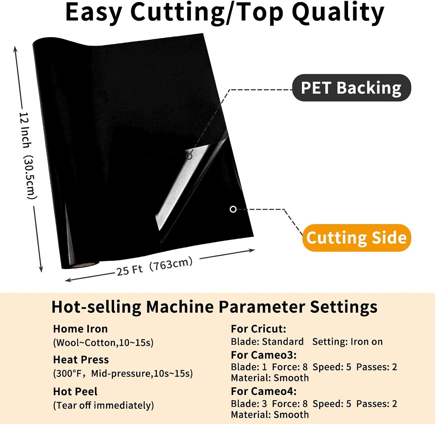 Detalle 2 de IModeur 25 Ft Black Heat Transfer Vinyl (HTV) with PET Backing — Iron-on Roll for T-shirts, Bags & More