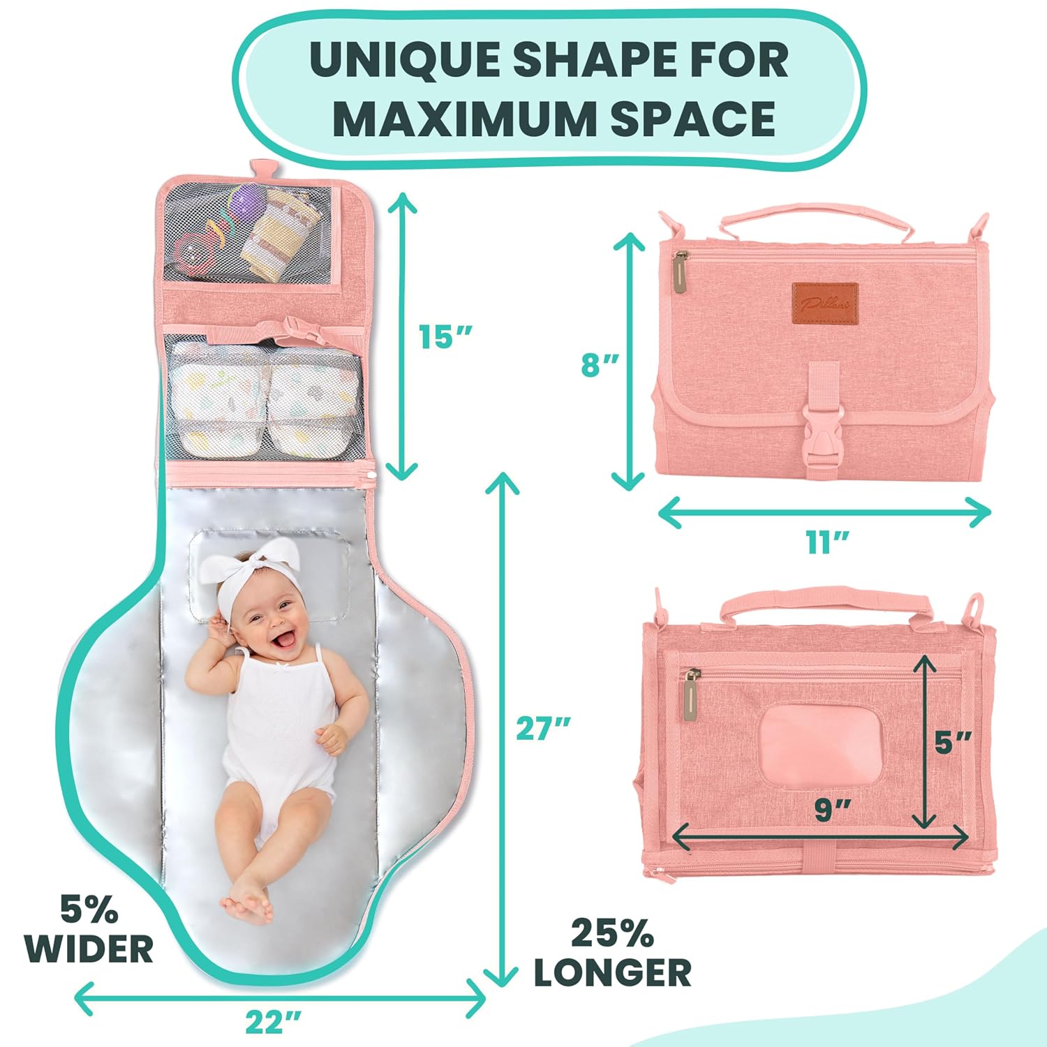 Detalle de PILLANI Portable Baby Changing Pad, 27 x 22-Inch Waterproof Mat with Storage