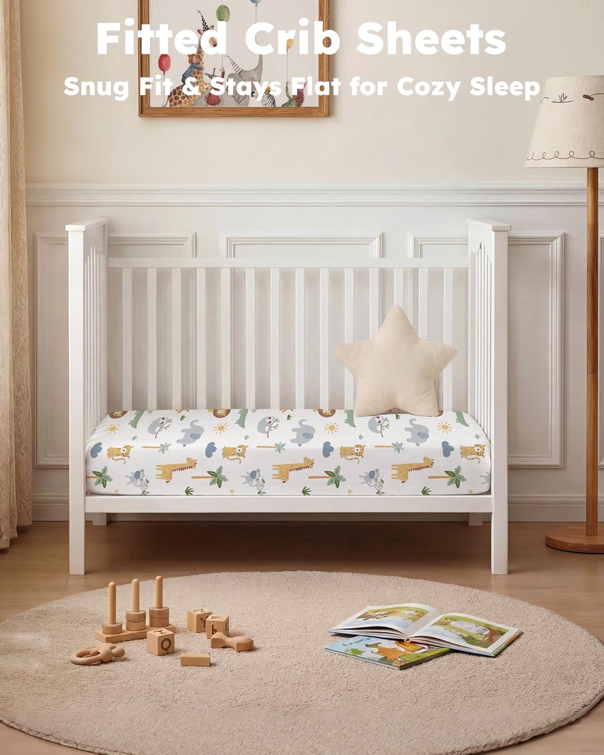 Detalle 2 de Nyessmee Fitted Crib Sheets, 2-Pack, 52" x 28", Green Animals, Microfiber