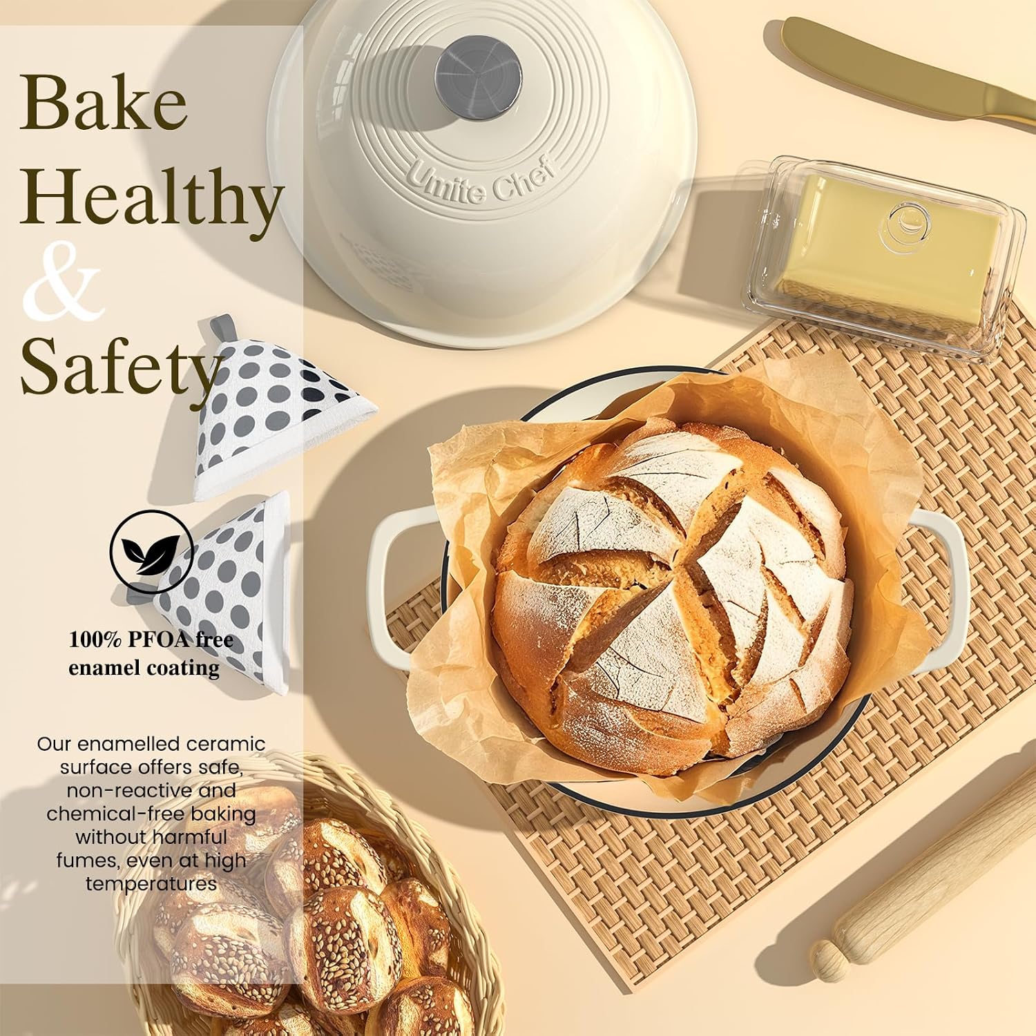 Thumbnail 1 de Enameled Round Cast Iron Bread Oven (6 Qt) – Dutch Oven Bread Pot with Dome Lid & Cotton Potholders, Cream White
