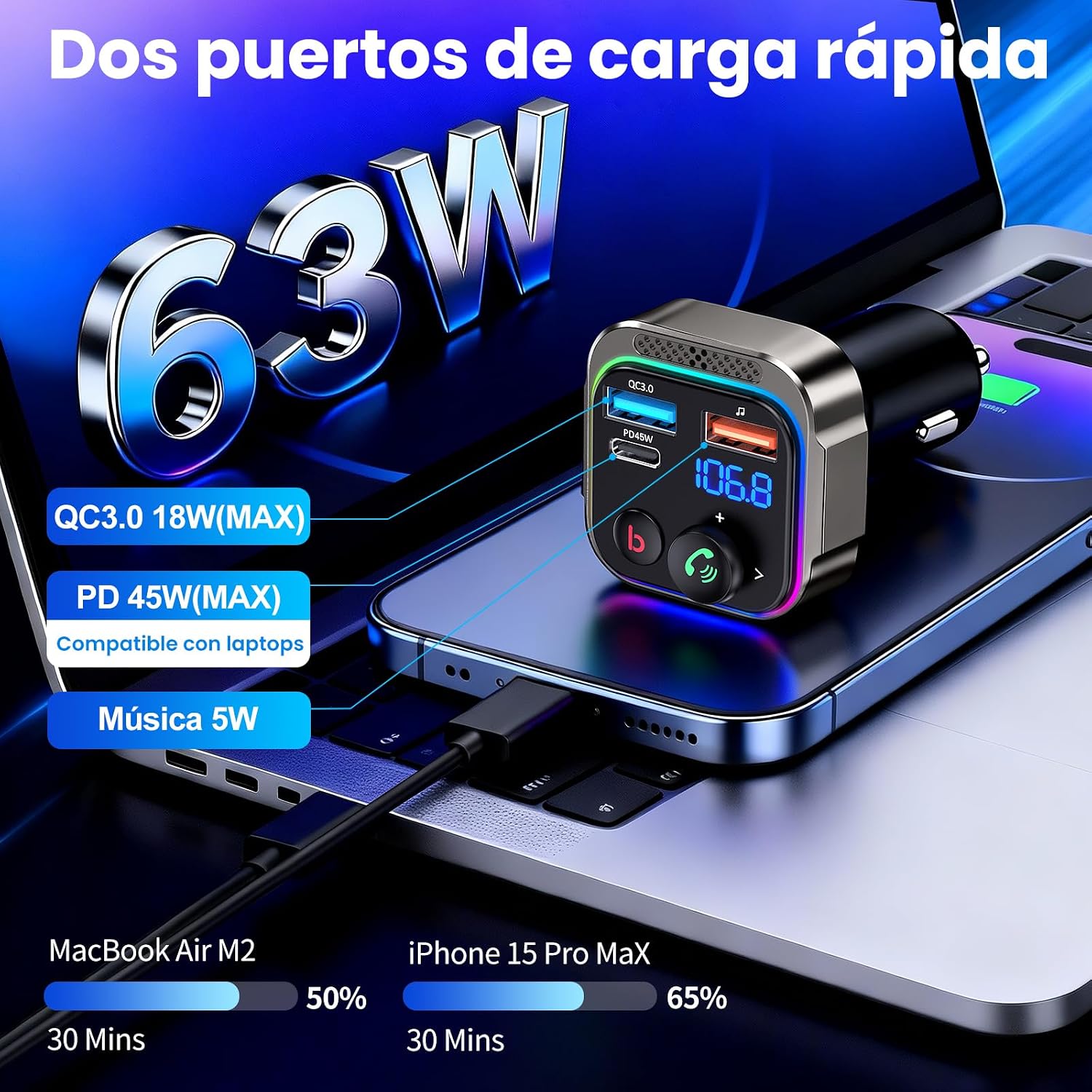 Detalle 1 de GizmoVine Bluetooth Coche Transmisor FM 5.4