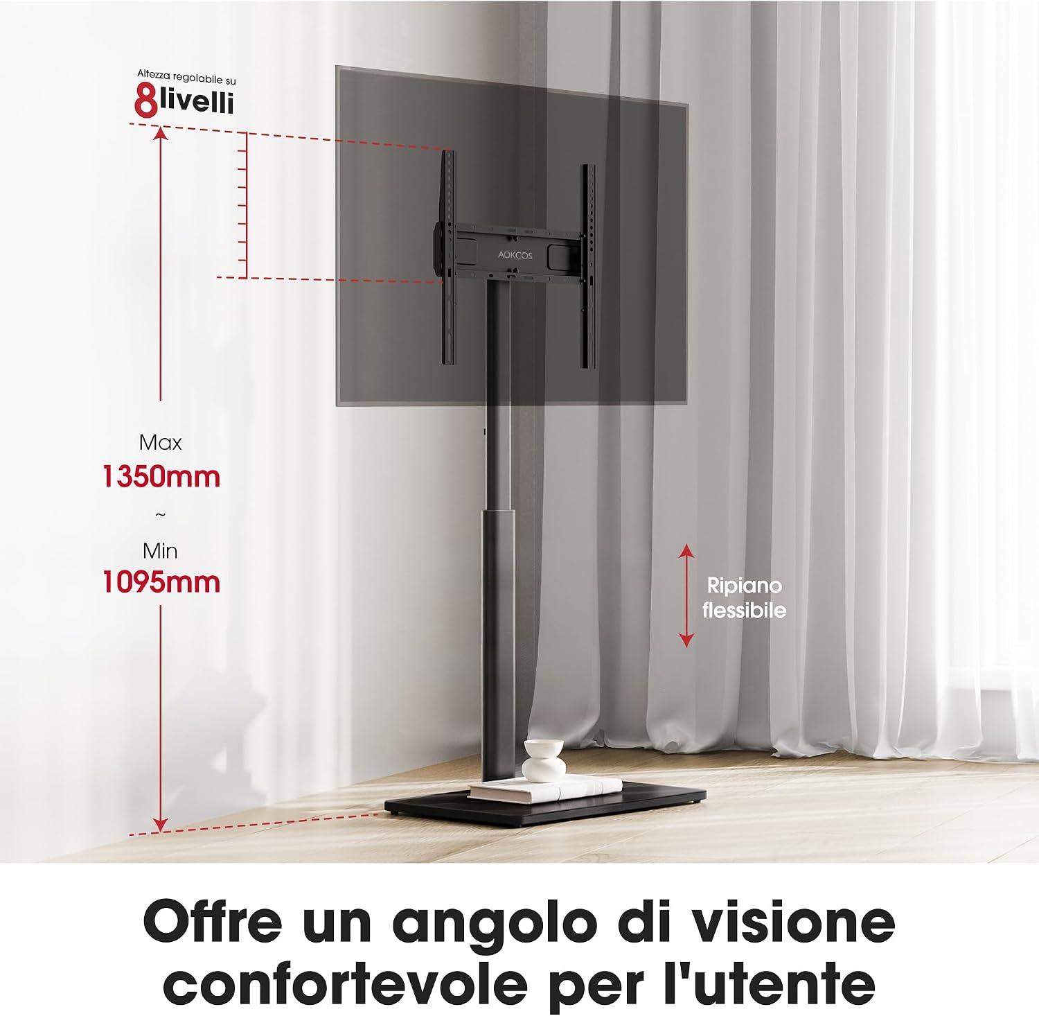 Detalle de AOKCOS Supporto TV da Pavimento inclinabile per 32–70 pollici, girevole e altezza regolabile