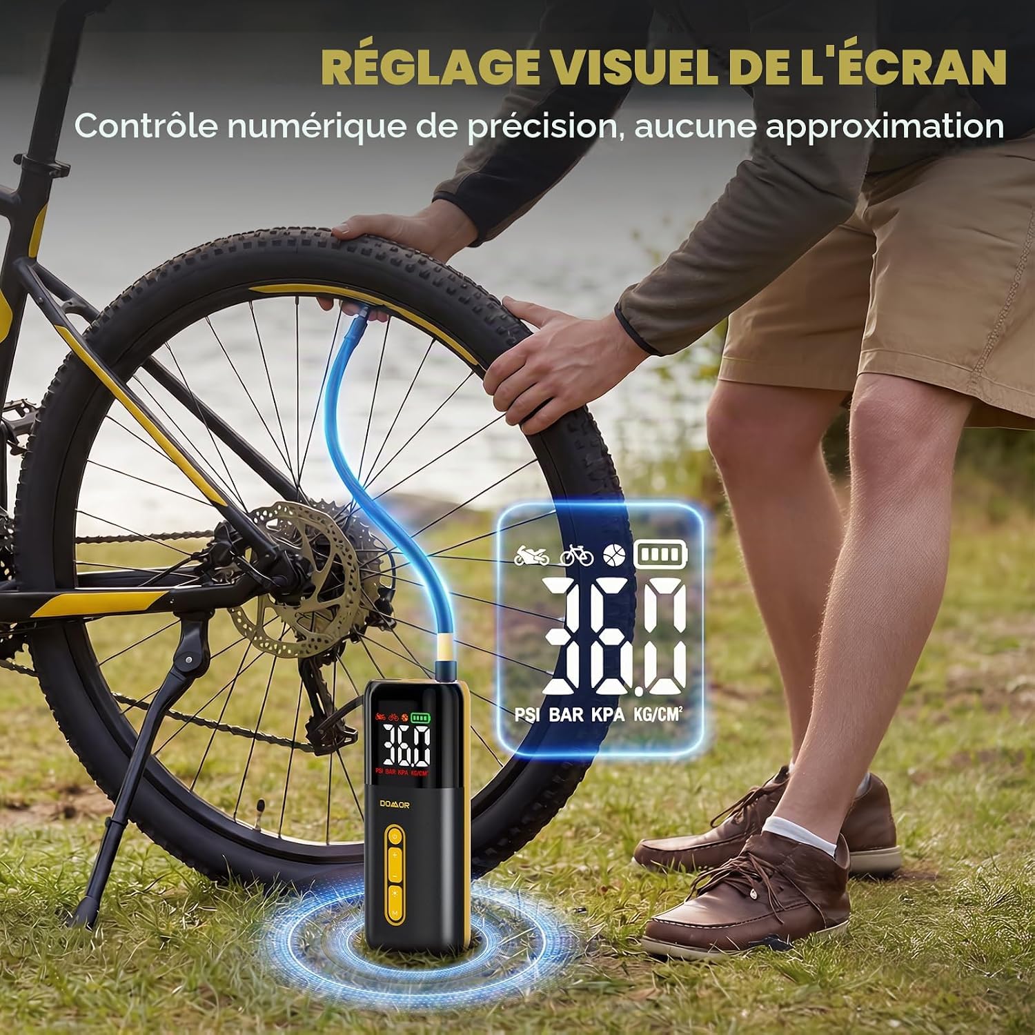 Detalle de DOMOR elektrische minifietspomp met automatische stop en ledlicht