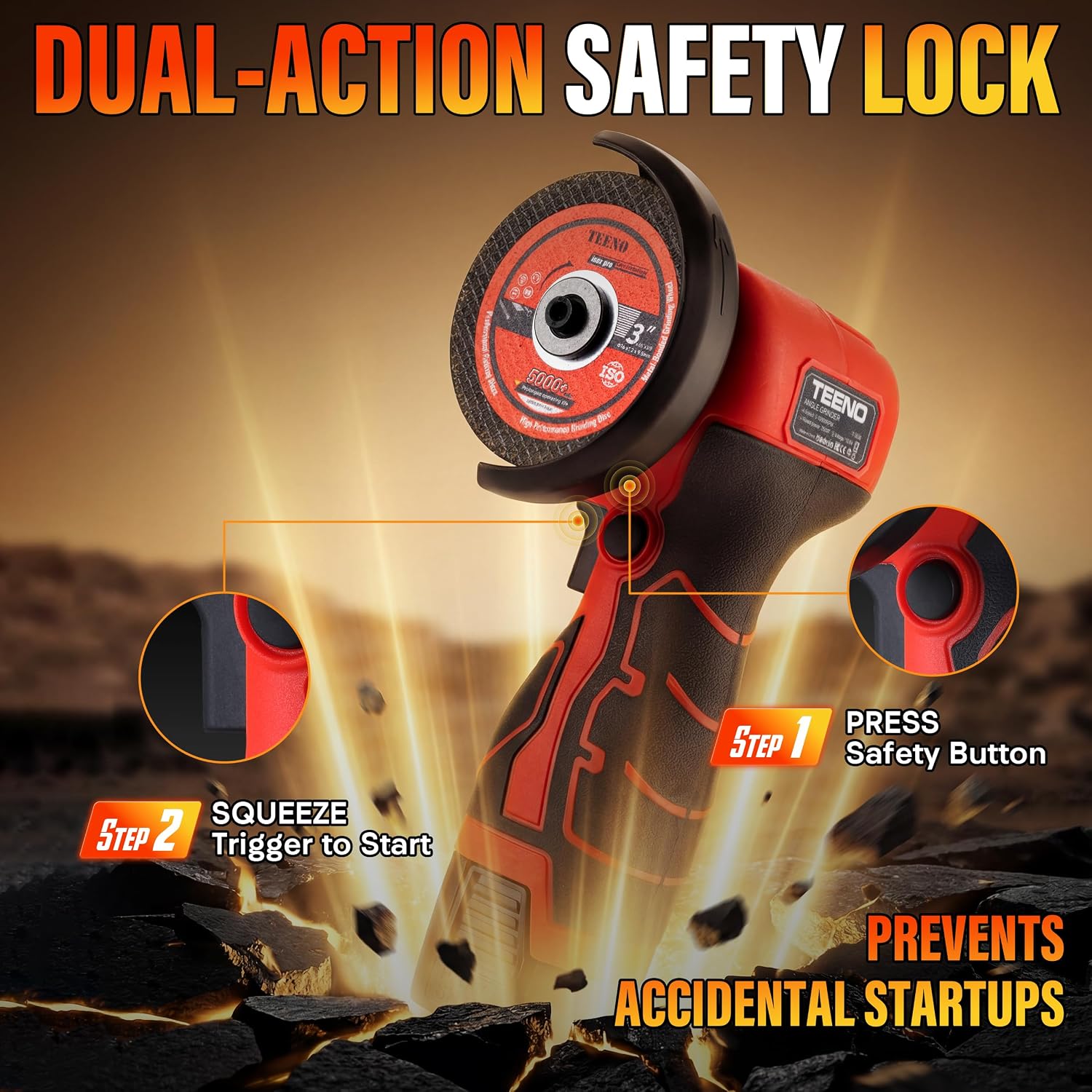 Detalle de TEENO Cordless Angle Grinder Kit, 3-Inch, 19,500 RPM, 16.8V