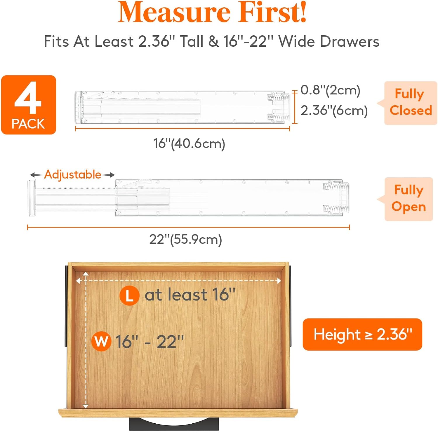 Detalle 2 de Lifewit 4 Pack Adjustable Kitchen Drawer Dividers, Clear, 16–22