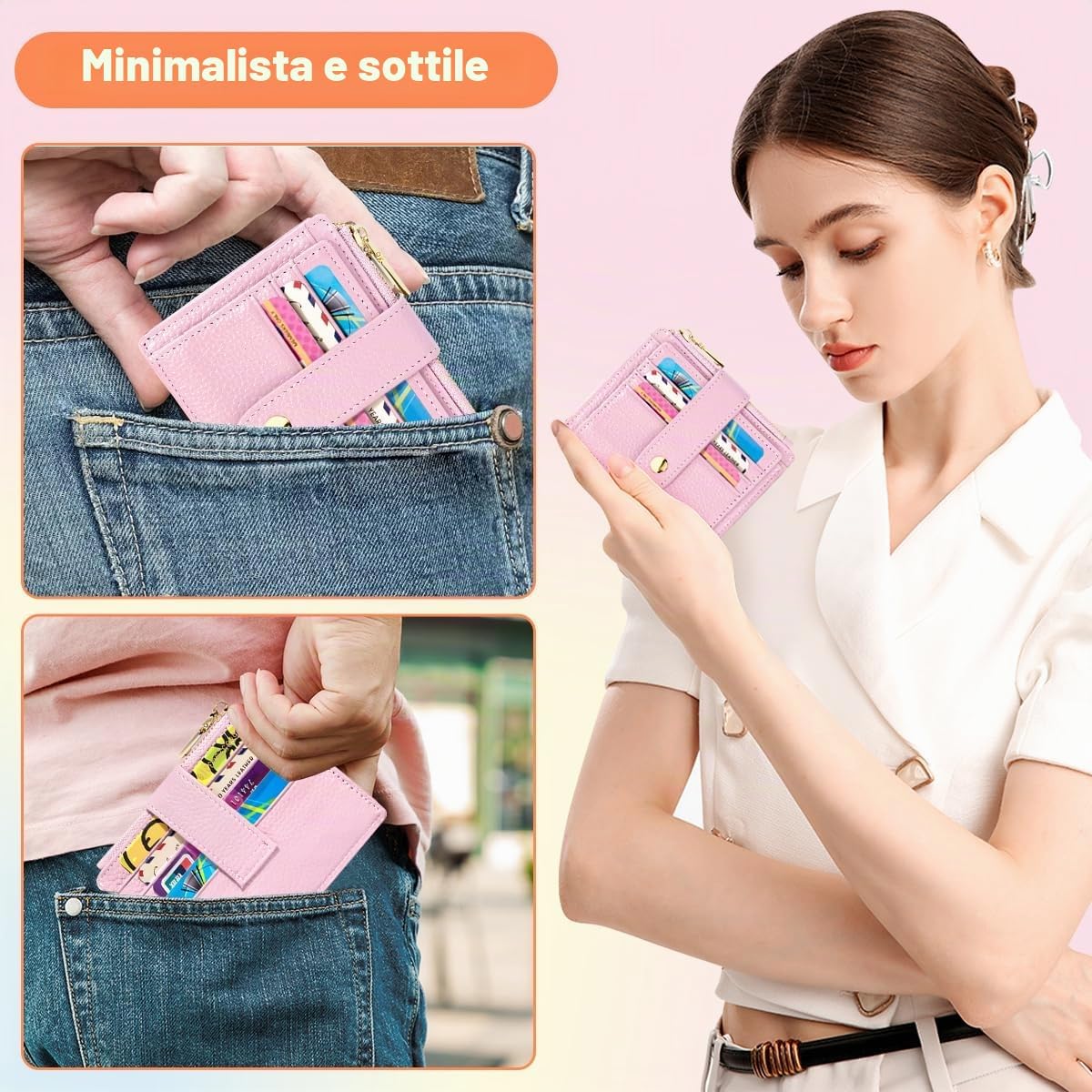 Detalle de BTNEEU Porta Carte di Credito in Pelle RFID: Portafoglio Slim con Portamonete e Zip, 9 Slot