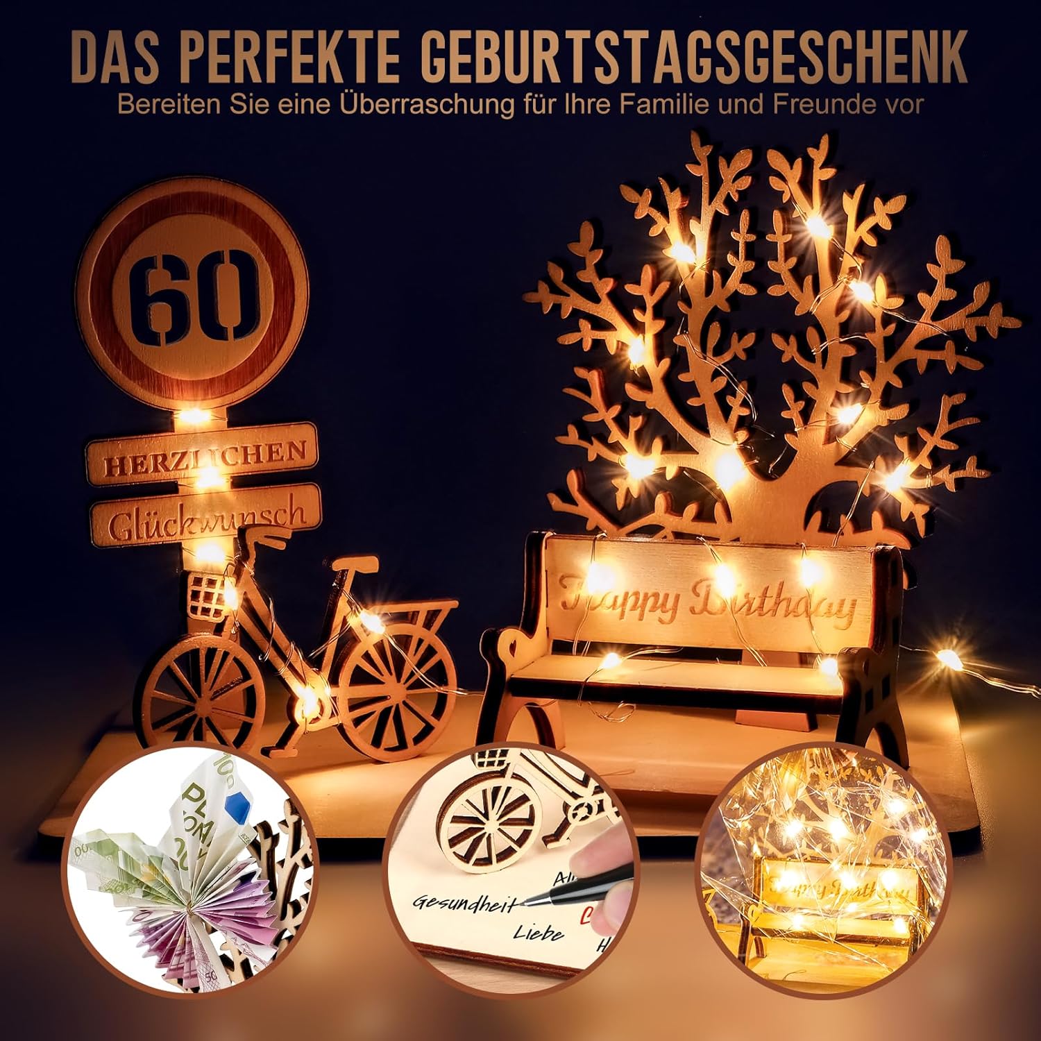 Detalle de I LOVE MOM Geldgeschenk aus Holz – DIY Holz-Schild Geburtstag mit Fahrrad, Bäumen und Zahlen (GYY-60)
