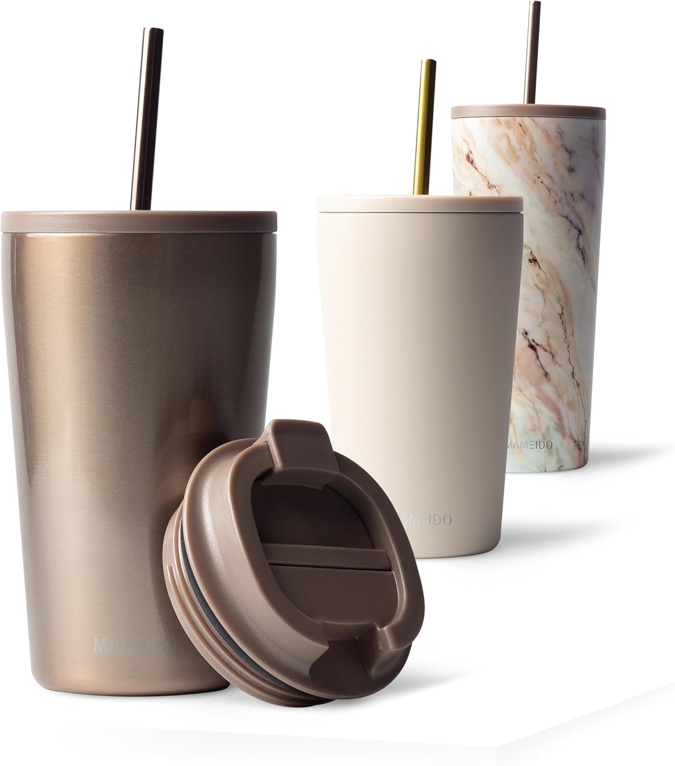 MAMEIDO Thermobecher mit Strohhalm 470 ml (Rosé Quartz) – auslaufsicher, doppelwandig isoliert