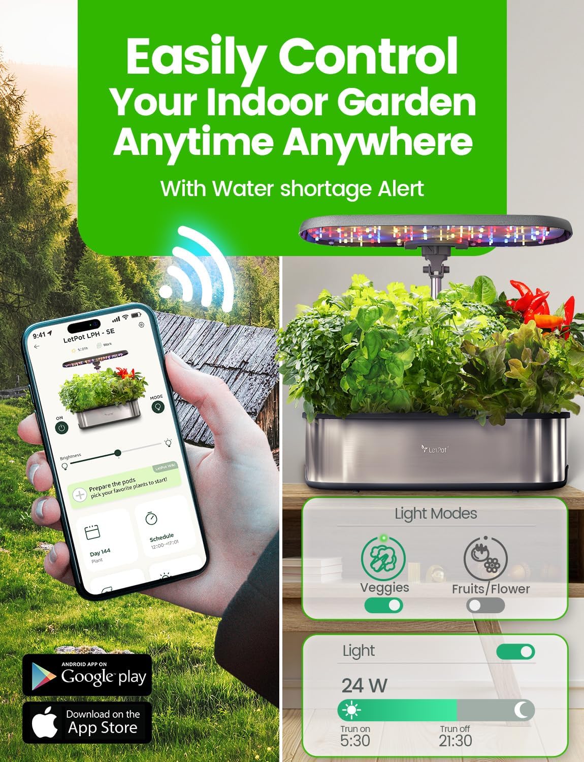 Detalle de LETPOT LPH-SE Hydroponic Growing System, 12 Pods, 24W LED, Wi-Fi Control