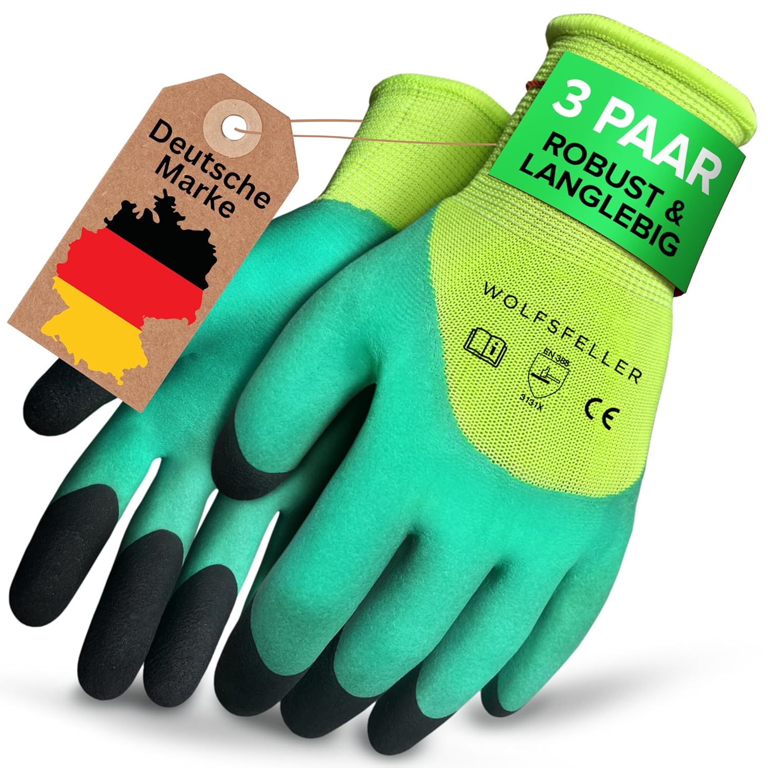 Detalle de WOLFSFELLER – Lot de 3 paires de gants de jardinage robustes, confortables, double revêtement (taille 9)