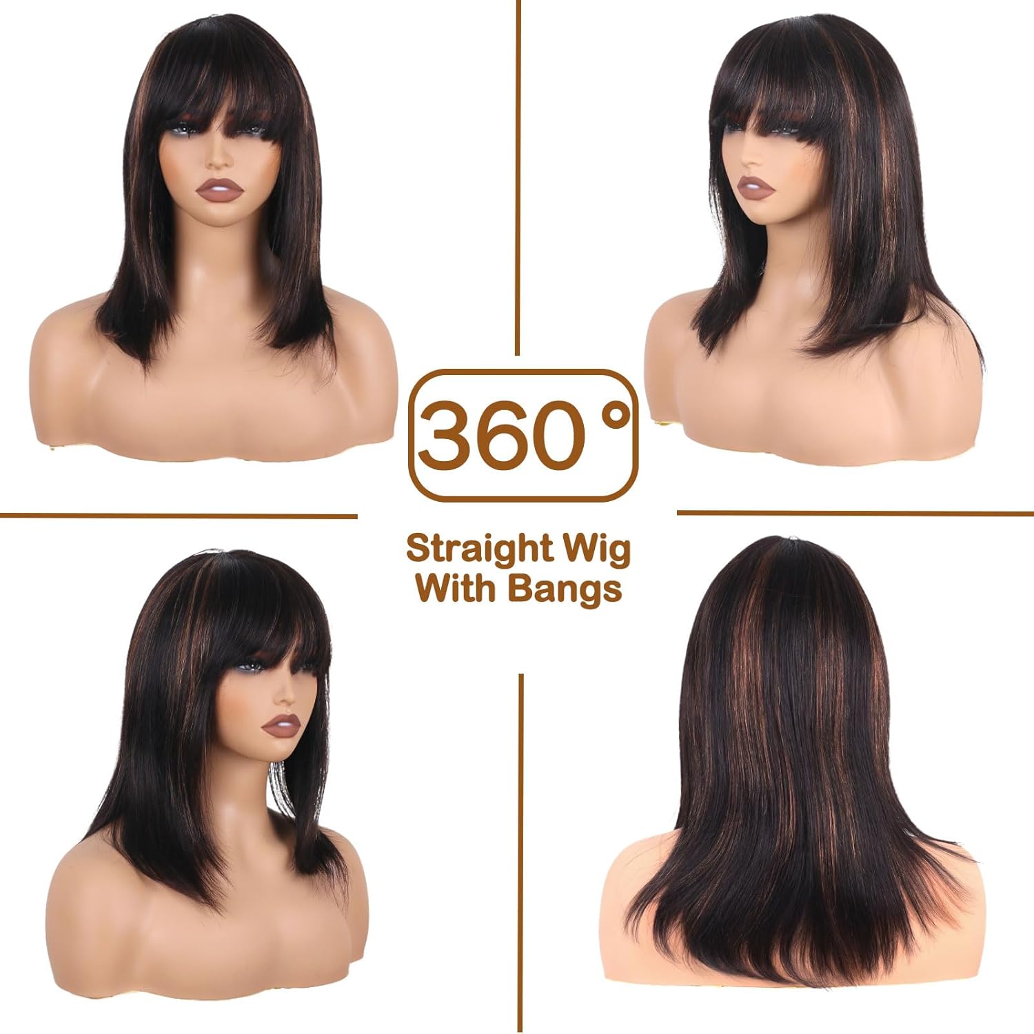 Thumbnail 3 de ManeMajesty Perruque Bob Court Ombré avec Mèches – Cheveux Humains, 46 cm, Frange, Sans Dentelle