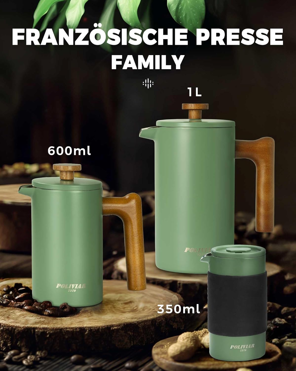 Thumbnail 5 de Poliviar French Press Kaffeebereiter Flatland (Grün) JX2020-FPN-DE – 1 Liter für bis zu 8 Tassen