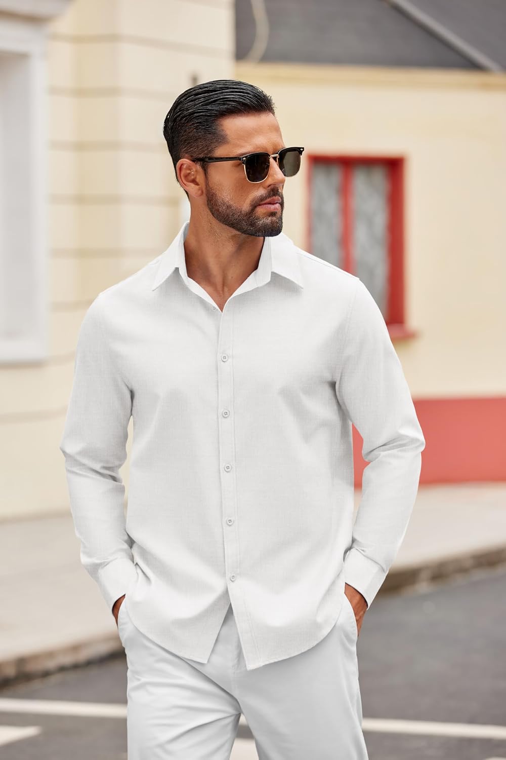 Detalle de COOFANDY Chemise Homme à Manches Longues en Coton – Coupe Classique Boutonnée
