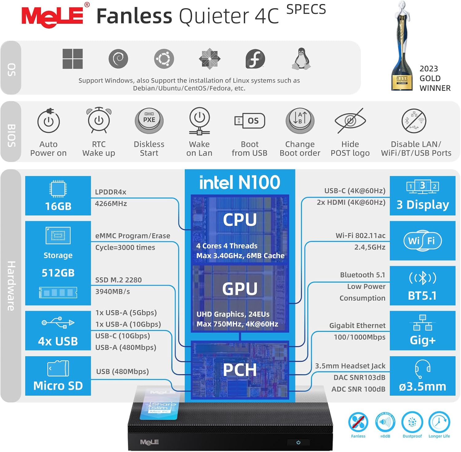 Thumbnail 1 de MeLE Quieter 4C 12th Gen N100 Fanless Mini PC with Windows 11 Pro, 16GB RAM and 512GB SSD