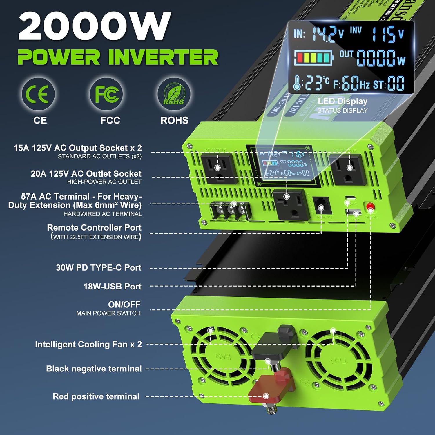 Detalle 2 de Vansdon 2000W Pure Sine Wave Inverter (12V DC to 120V AC) for RV, Truck, Solar, Home Off-Grid Use
