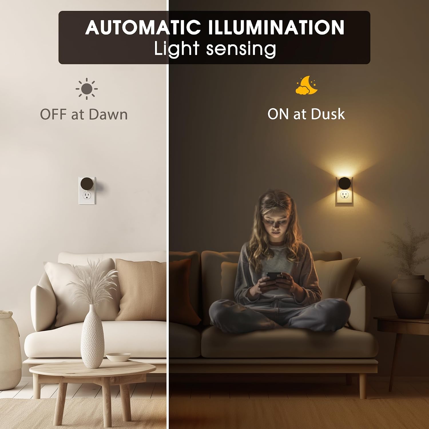 Detalle de Briignite GD112 Plug-In Night Lights, 2-Pack, 3000K Dusk-to-Dawn, 3-Level Dimming