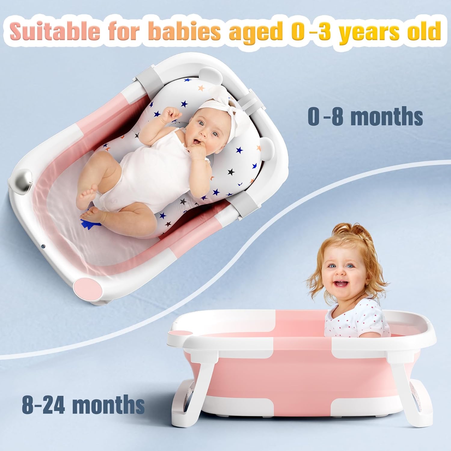 Thumbnail 3 de Rabb 1st Baby Badewanne faltbar für Neugeborene bis Kleinkinder (0–2 Jahre) in Rosa – mit rutschfester Matte und Abflussloch