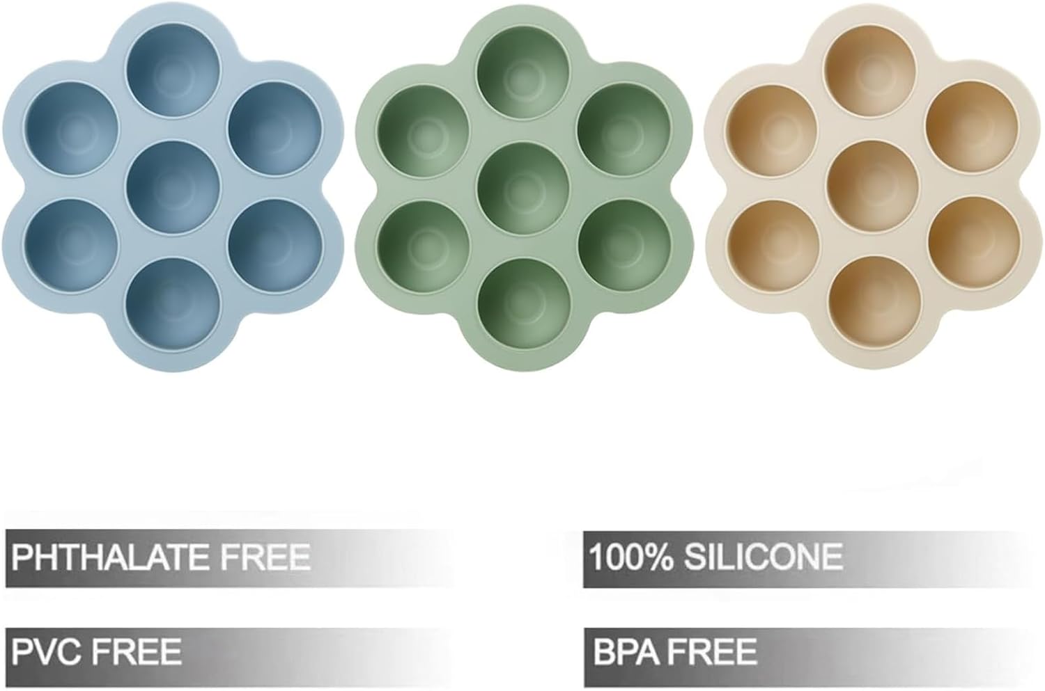 Thumbnail 3 de PandaEar 3 Pack Silicone Baby Food Freezer Tray with Lids (7 pods, non-stick) – Blue/Green/Carnation