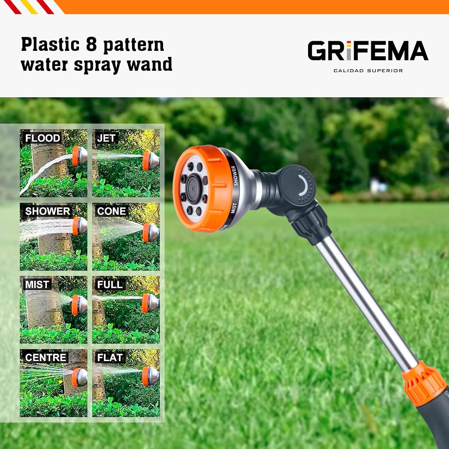 Thumbnail 5 de GRIFEMA Blumenampel-Gießstab mit 8 Sprühbildern – verstellbarer Schlauch-Brausekopf (40,5 cm), Schwarz/Orange