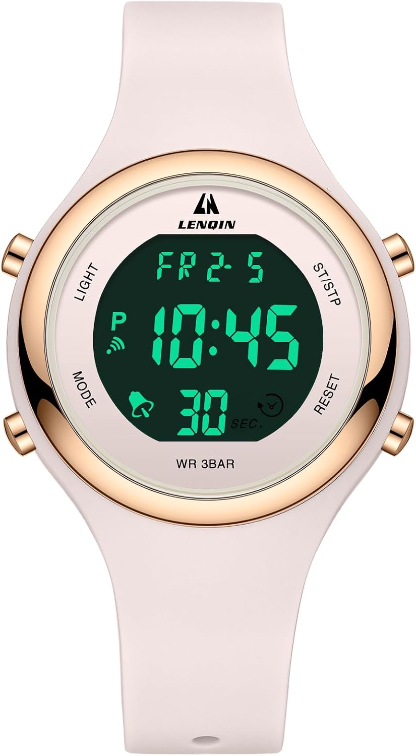 Detalle 2 de LN LENQIN Damen Digitaluhr mit Stoppuhr, Kalender und Silikonarmband