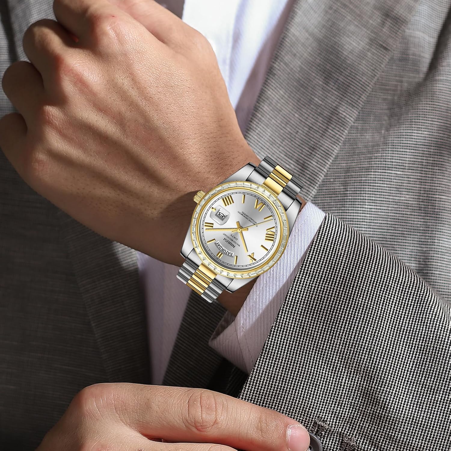 Thumbnail 4 de NIBOSI Orologio da uomo analogico al quarzo con lunetta con diamanti, quadrante con giorno/data e impermeabilità 3 ATM