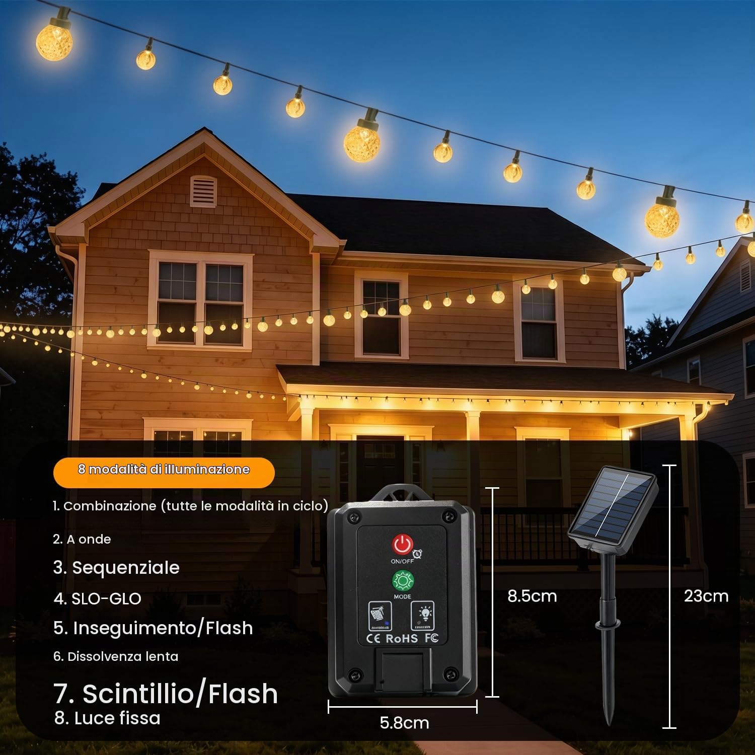 Thumbnail 3 de FIFlying Catena Luminosa Solare da Esterno 64 LED 11,6 m – Luce Bianca Calda IP65, 8 Modalità, Timer e Memoria
