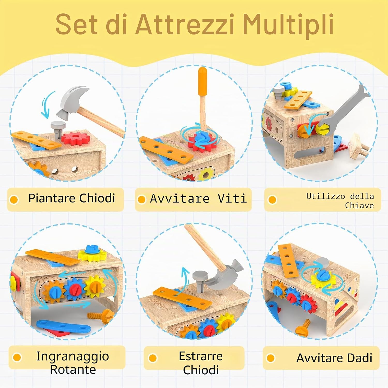 Detalle de Cassetta Attrezzi per Bambini in Legno con Banco Montessori e Grembiule – Set da 42 pezzi (2–4 anni)