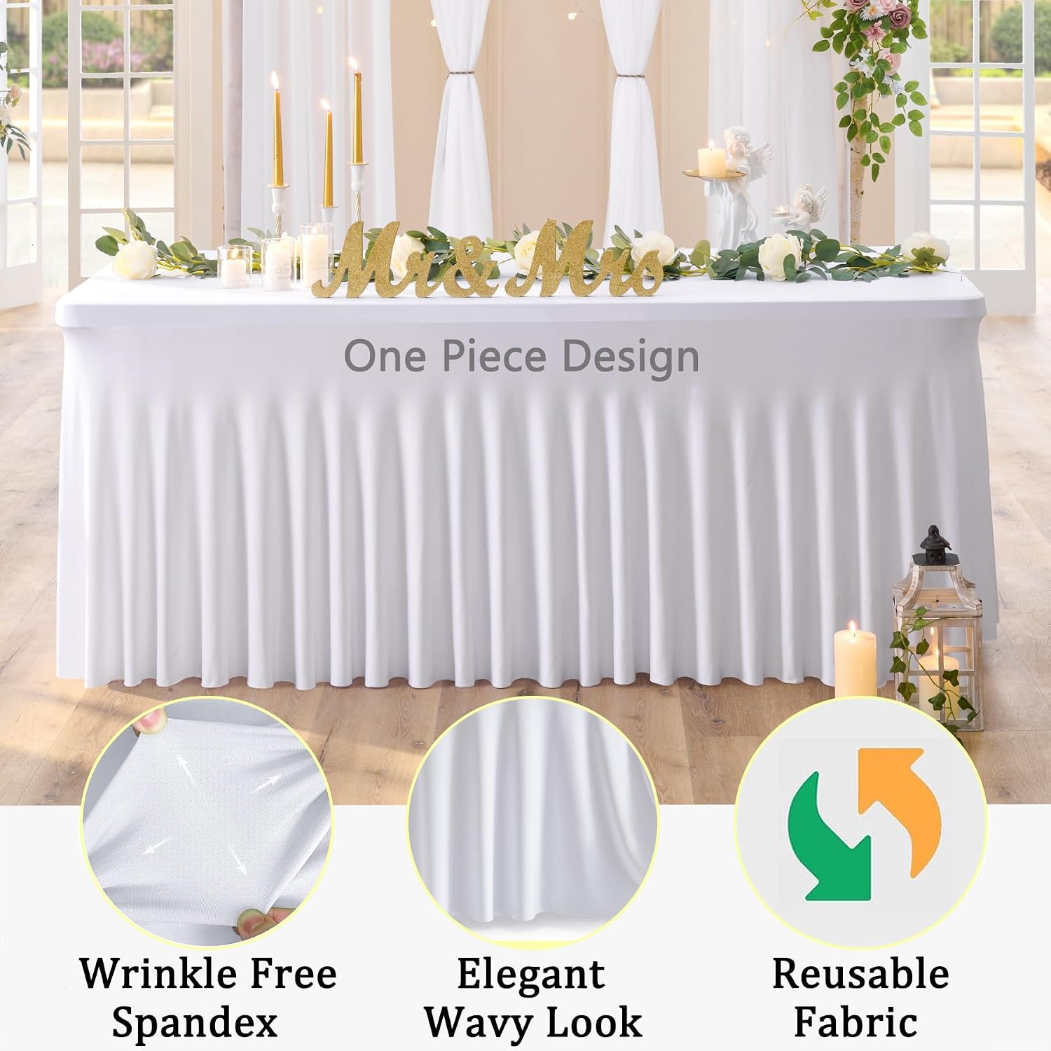 Thumbnail 2 de 8-Pack White Wavy Spandex Tablecloths for 6-Foot Rectangle Tables (Wrinkle-Resistant Fitted Covers)