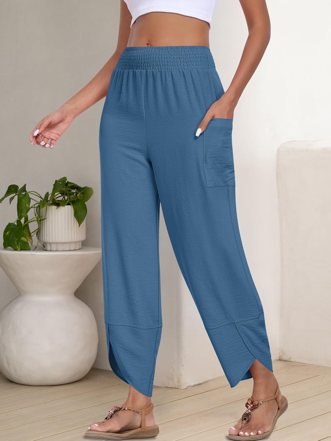 Thumbnail 3 de ANRABESS Women’s Wide-Leg Palazzo Capri Pants (Summer High-Waisted) — Loose, Cropped Lounge Trousers