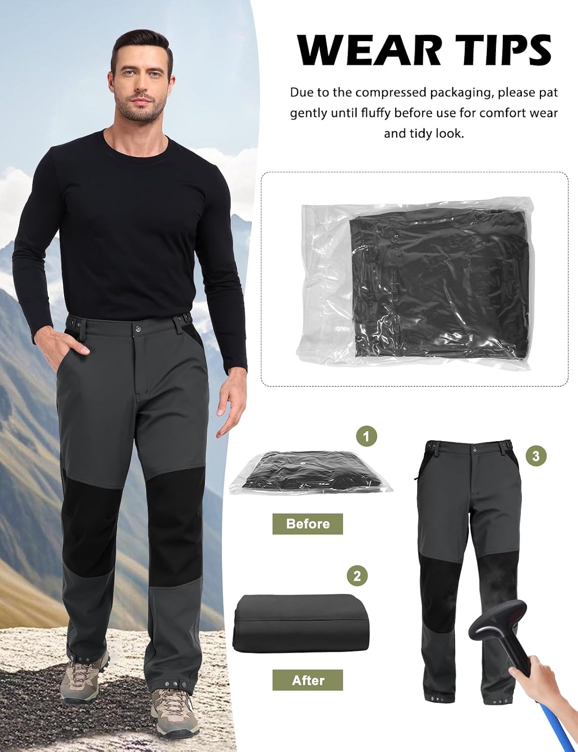 Detalle 2 de Xnova Men's Winter Fleece Lined Hiking Trousers with Water Repellent Shell