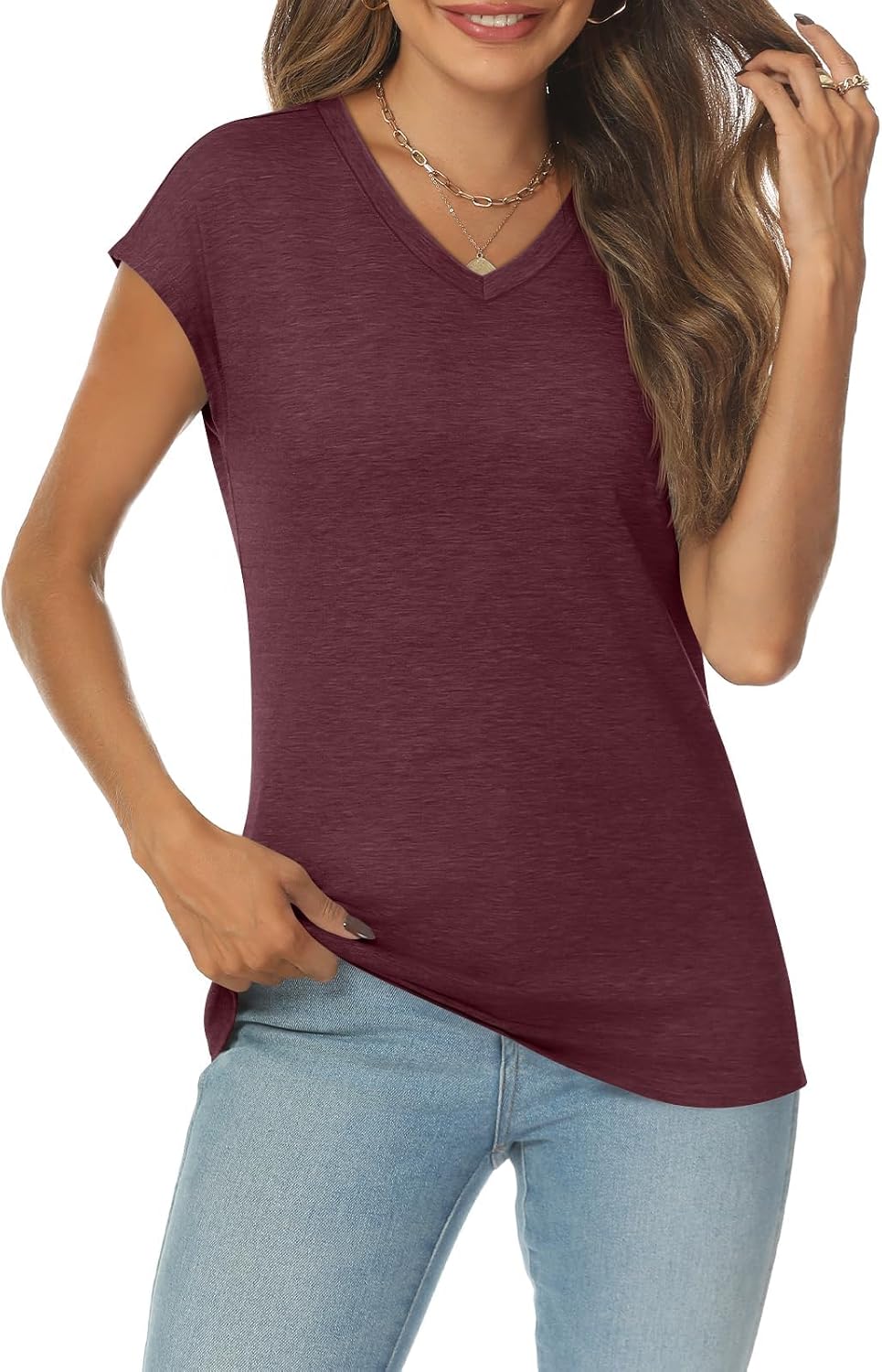 Detalle de Cuptacc Damen-T-Shirt mit V-Ausschnitt für den Sommer – Basic kurzarm für Business- und Freizeit-Outfits