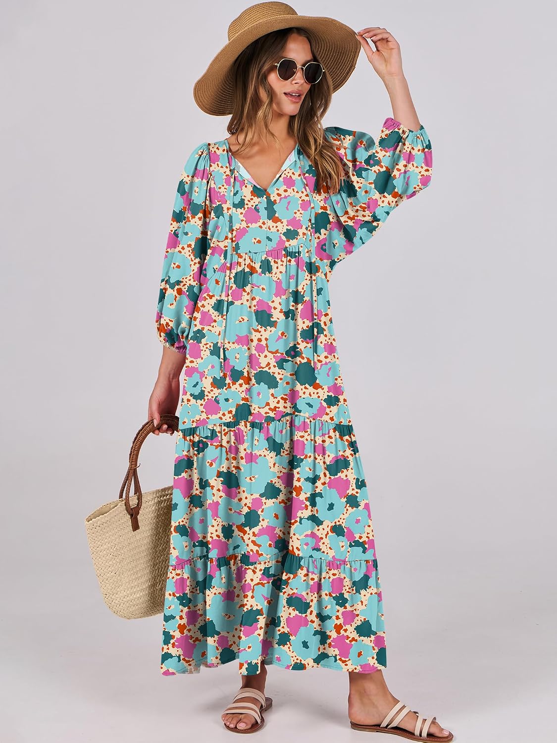 Detalle 2 de ANRABESS Womens Boho Floral 3/4 Puff Sleeve Maxi Dress